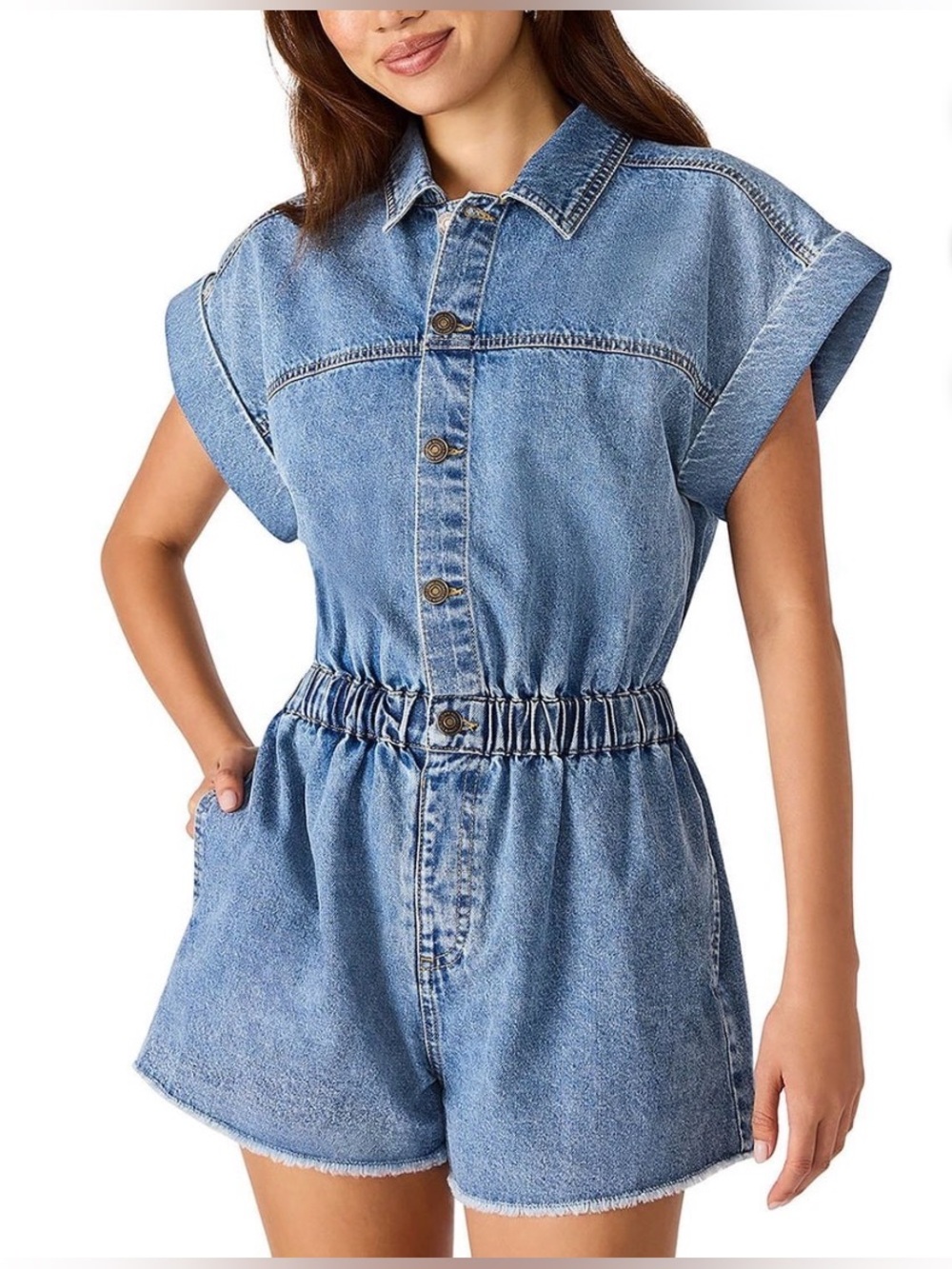Steve Madden Denim Blue Women’s Elastic-Waist Jean Romper